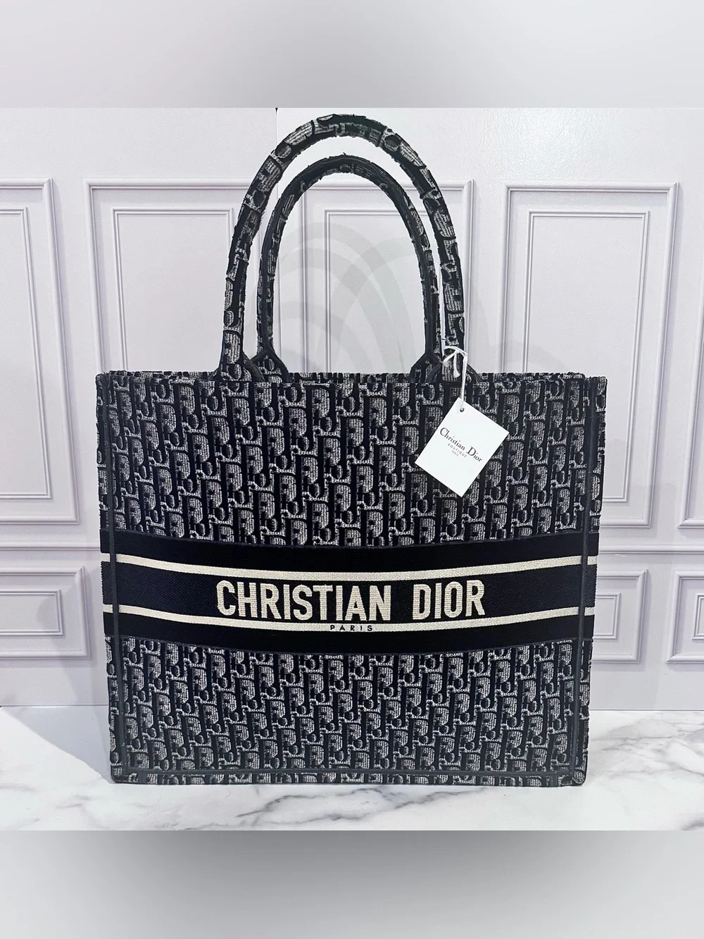 NWT Christian Dior Large Ecru & Blue Dior Oblique Book Tote Bag with Receipt